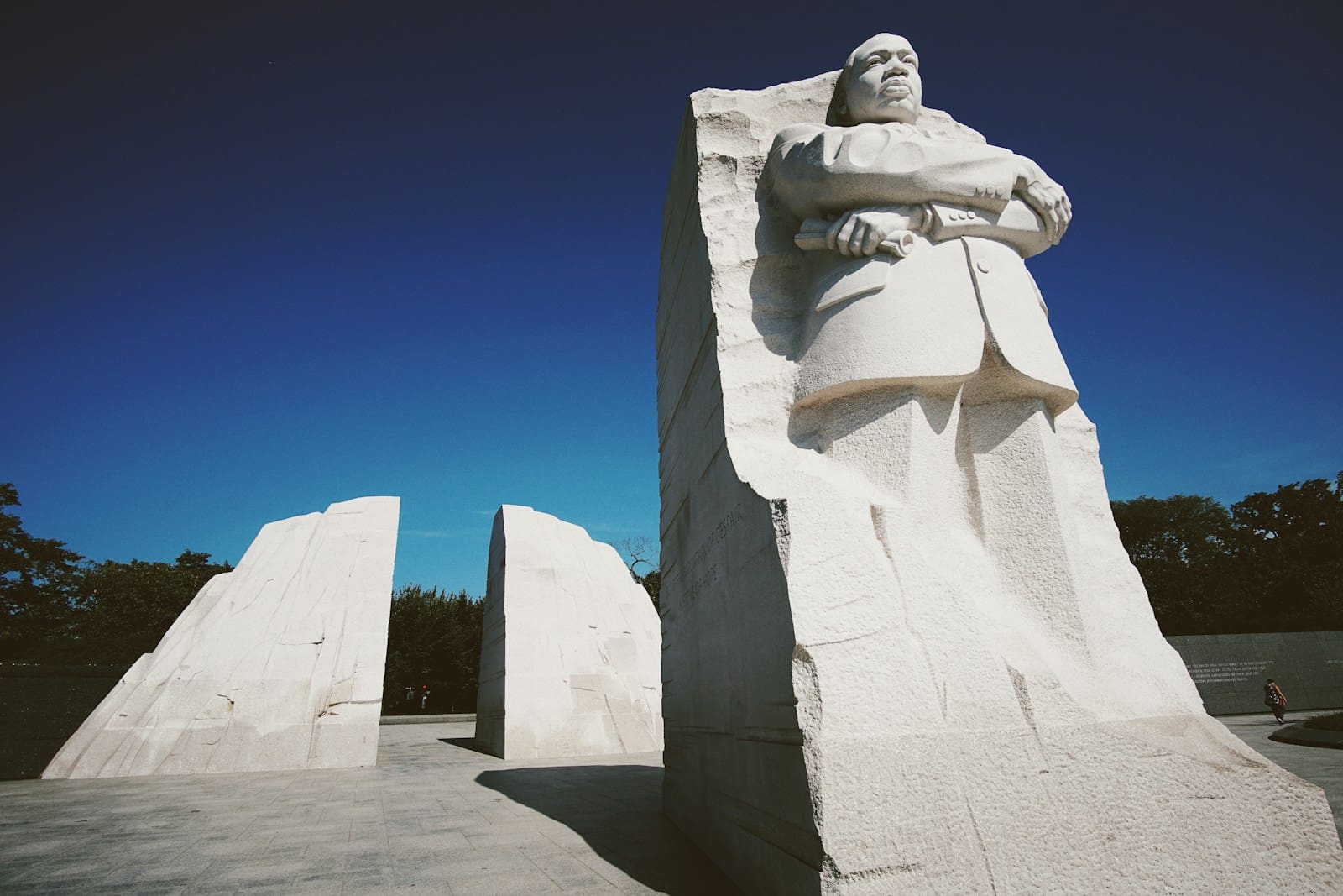 MLK statue near green field at daytime