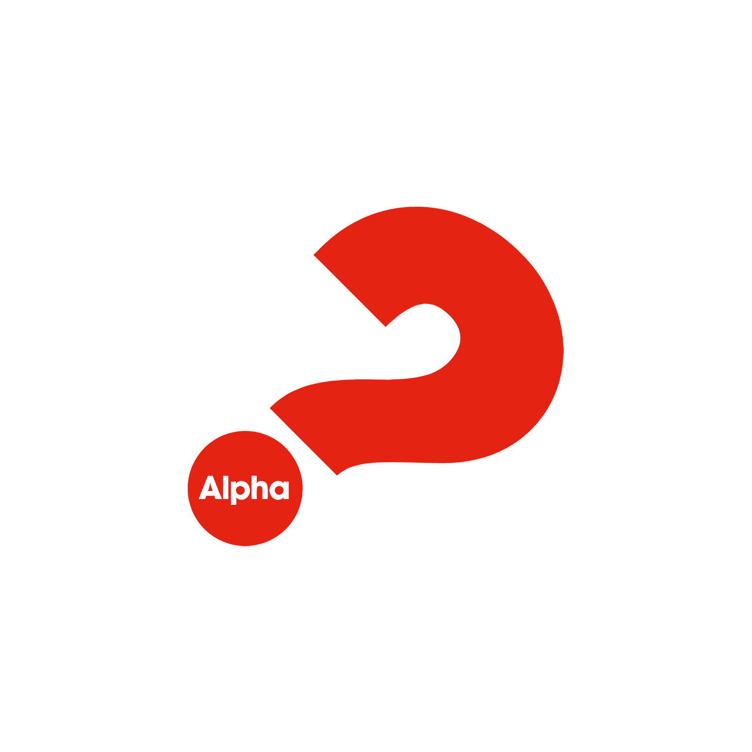 A red question mark leaning to the right with the words "Alpha" in white letters in the dot of the question mark.